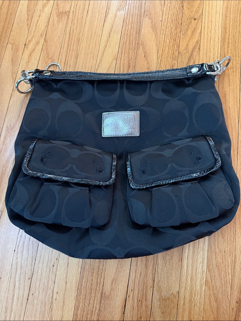 Coach Black Signature Canvas Shoulder Bag with Twin Front Flap Pockets